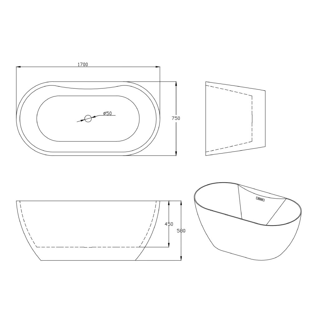 Cadă baie freestanding Bella WB-812-1, acril sanitar, 170 × 75 × 58 cm, alb - imagine 3