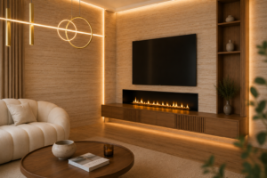 Perete decorativ cu șemineu și mobilier suspendat în livingul Aurum