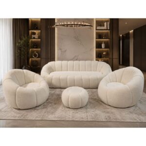 Set canapea 3 locuri, 2 fotolii și puf Lotus, tapițerie boucle bej